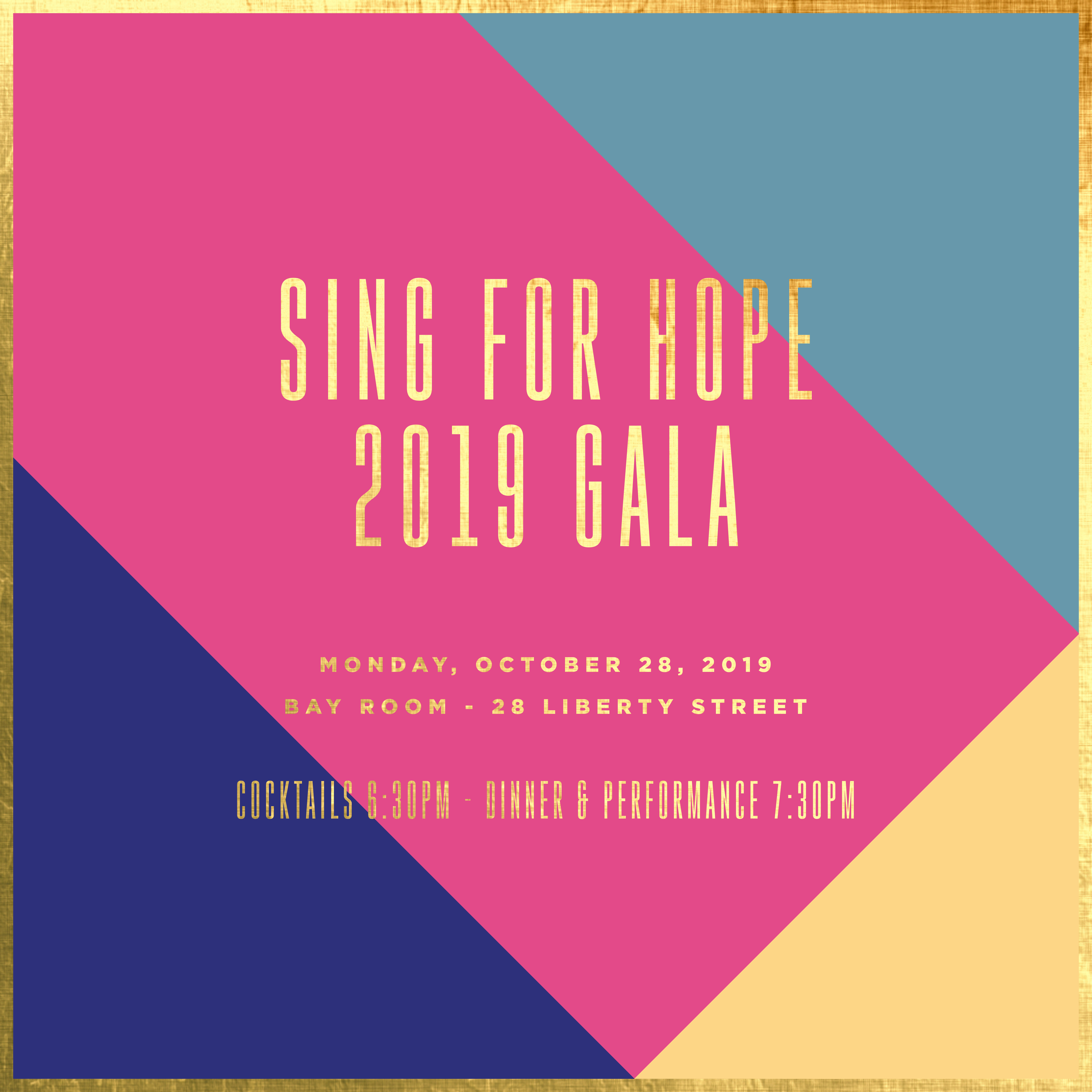 Join us to celebrate our missions of expanding access to the arts. Sing for Hope 2019 Gala. Monday, October 28, 2019.