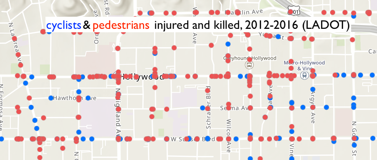 cyclists (blue) and pedestrians (red) killed on between 2012-2016 (source: LADOT)   