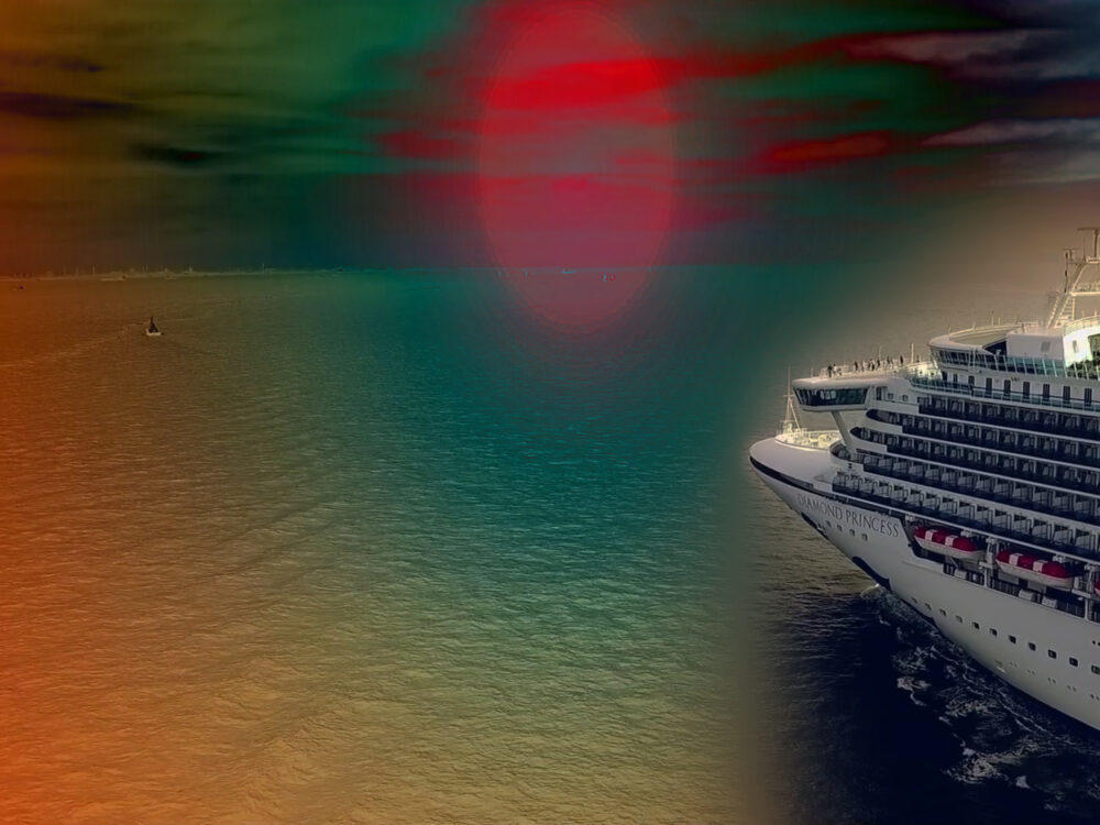 image of cruise ship on ocean with the colors of the water and sky altered in multicolor corona