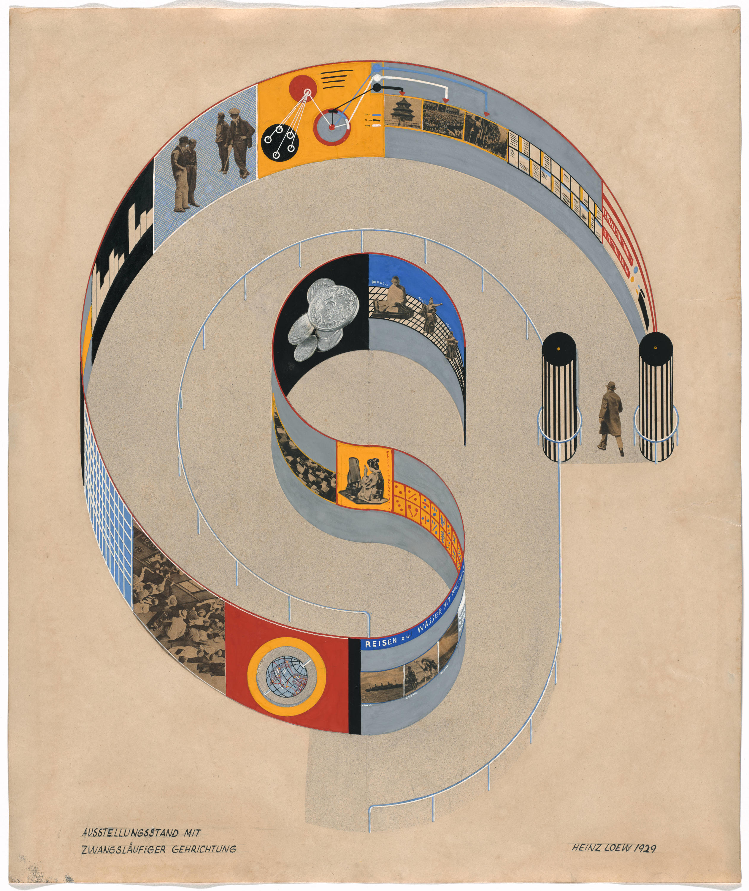Heinz Loew (German, 1903–1981) Exhibition Stand with Mandatory Viewing Route (Ausstellungsstand mit zwangsläufiger Gehrichtung), 1929 Gouache, cut-and-pasted printed paper, ink, and pencil on paper 21 1/2 × 18′′ (54.6 × 45.7 cm) The Museum of Modern Art, New York. The Merrill C. Berman Collection. Acquired through the generosity of Alice and Tom Tisch, Jo Carole and Ronald S. Lauder, Sue and Edgar Wachenheim III, David Booth, Marlene Hess and James D. Zirin, Marie-Josée and Henry R. Kravis, Jack Shear, the Patricia Bonfield Endowed Acquisition Fund for the Design Collection, Daniel and Jane Och, The Orentreich Family Foundation, Emily Rauh Pulitzer, The Modern Women’s Fund; and by exchange: Gift of Jean Dubuffet in honor of Mr. and Mrs. Ralph Colin, The Judith Rothschild Foundation Contemporary Drawings Collection, and the Richard S. Zeisler Bequest.  [Image description: A gouache painting featuring a man entering a winding gallery. The man wears a long trench coat and fedora hat. The gallery is complete with a diverse set of paintings and images. The gallery winds in a snail shell-like shape.]