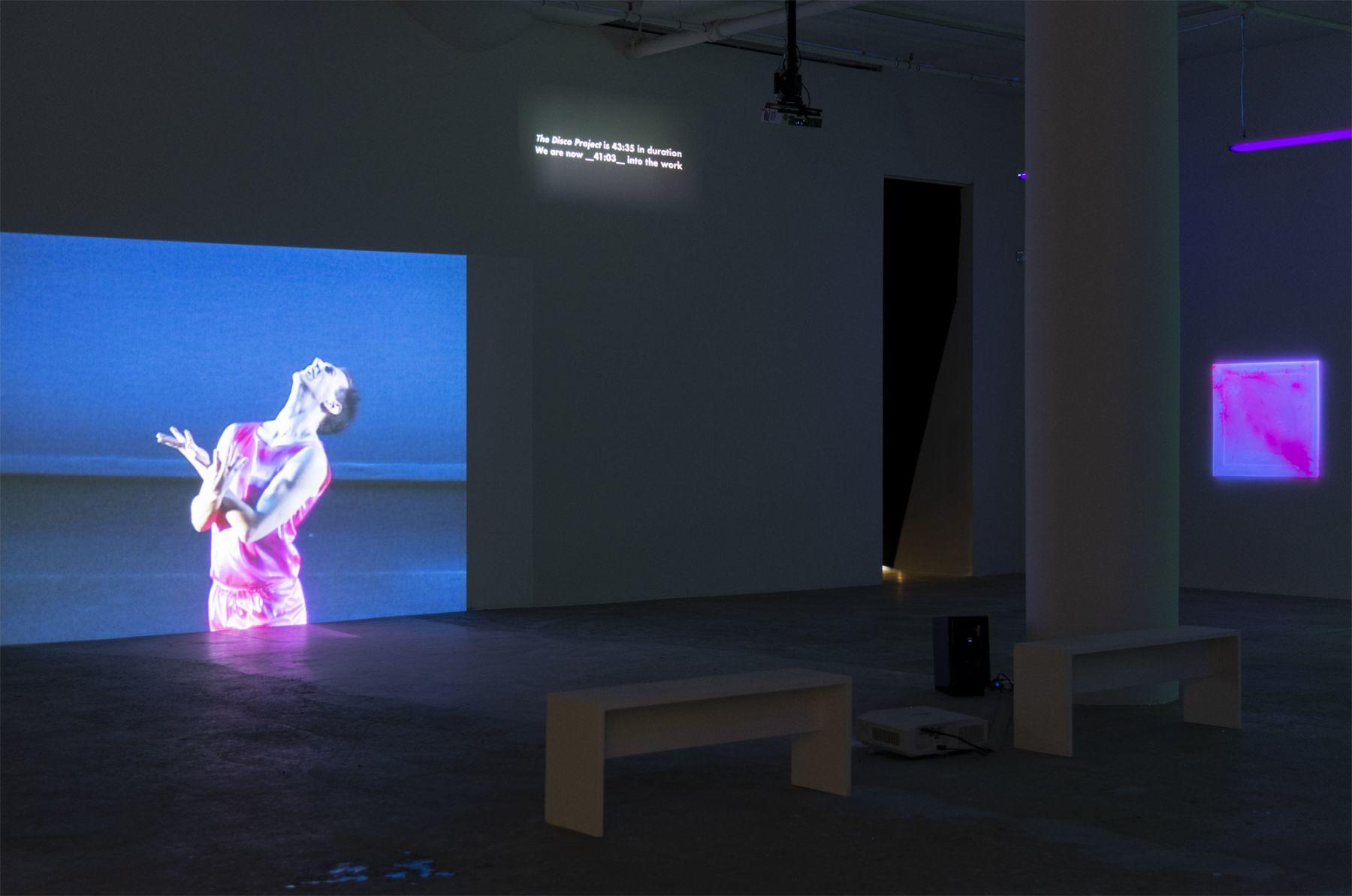 A gallery installation with a large projection on the wall of a male dancer wearing a shiny hot pink tank top and shorts, arching his back and looking up, with his arms crossed in front of his chest, fingers reaching out, and with an anguished look on his face, in front of a blue background.  Above and to the right of the video of the dancing man is another video, much smaller, projecting text that reads: "The Disco Project is 43:35 in duration. We are now 41:03 into the work."  Opposite the wall with projections are two long wooden benches, a video projector and a speaker.  On an adjacent wall is a square abstract painting with hot pink and blue pigments set in resin. 