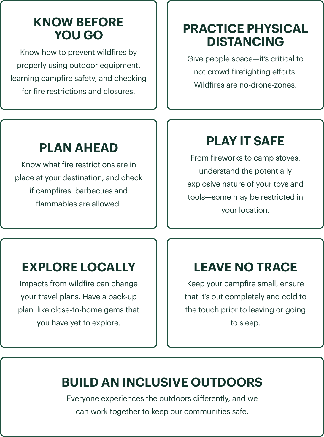 Wildfire Tips & Resources: know before you go, practice physical distancing, plan ahead, play it safe, explore locally, leave no trace, and build an inclusive outdoors.