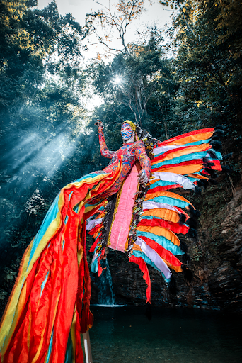 This stilt-dancer brings to life a mythical, transcendent bird from the Wilson Harris novel "Palace of the Peacock," and the journey into the Guyanese interior. The dancer is part of a masquerade named for the novel, created by Alan Vaughan for his Moko Somōkōw Carnival Band in Trinidad. Caribbean stilt-dancers are called Moko Jumbies, and the practice traces back to West Africa.