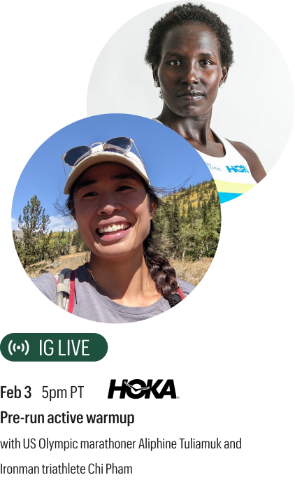 Feb 3 Pre-run active warmup  with US Olympic marathoner Aliphine Tuliamuk and Ironman triathlete Chi Pham
