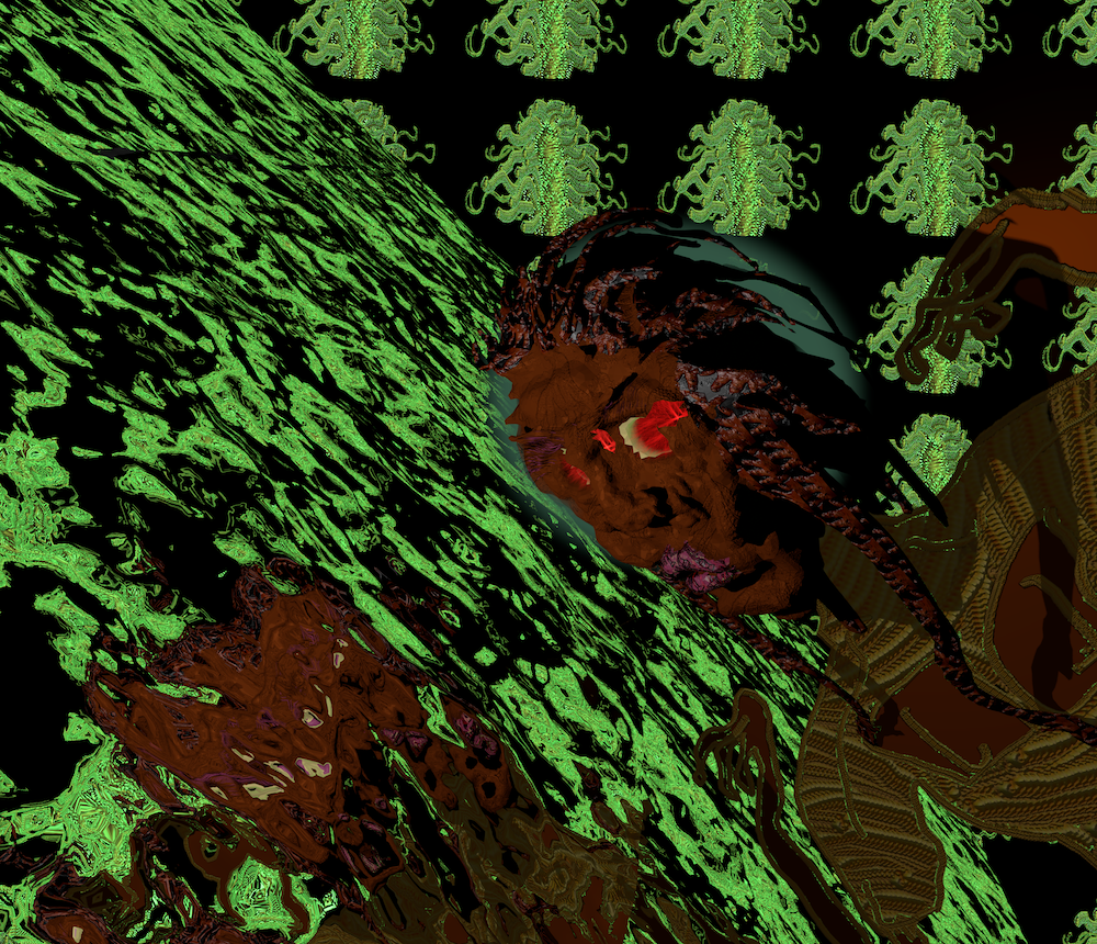 In the foreground of this digitally-rendered image is an avatar with dark brown skin, black hair, red eyes and pink lipstick, wearing a green and brown top. The avatar is drawn on a diagonal axis. The background behind the avatar is black with a bright green motif. To the side of the avatar is a black surface streaked with neon green, and the avatar's blurry reflection.
